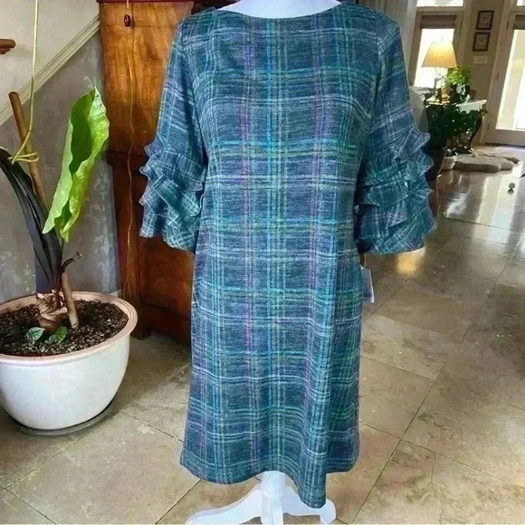 Gabby Skye Shift Dress Navy Size 6 Violet Plaid Ruffle Sleeves Cozy Fall Career - Picture 13 of 16